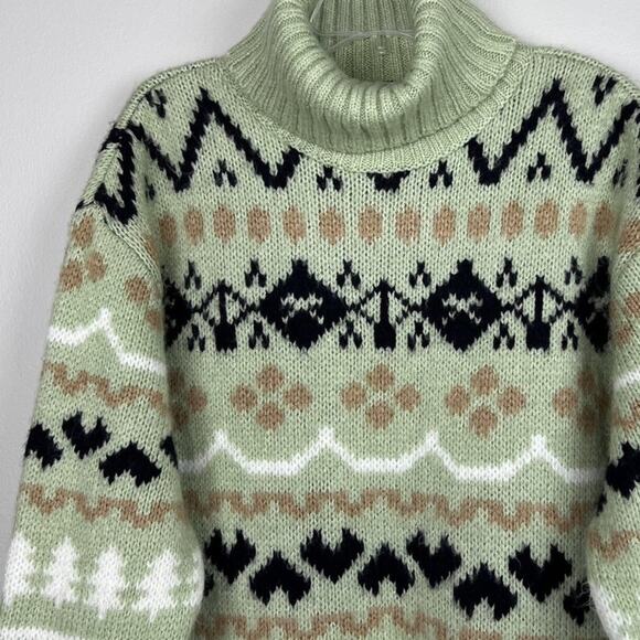 Anthropologie Green Fair Isle Turtleneck Oversized Winter Holiday Sweater XS - Picture 8 of 9
